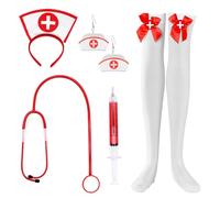 PQJSJDR Sexy Nurse Halloween Costume for Women 5PC Red Dress Outfit Set with Adjustable Hat, Stethoscope, Glasses & Thigh High Socks Adult Halloween Party Roleplay