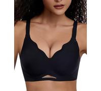 PQK Jelly Lift Wireless Bra for Women Seamless Comfort Support Bra Non Wired Full Coverage V Neck Invisible Plunge Bra with Extender Black