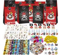 PQKL-party Pirate Party Bags, Pirate Accessories, Bookmarks, Ring, Stickers, Keyring, Slap Bracelets, Pirate Treasure Hunt Party Game for Kids