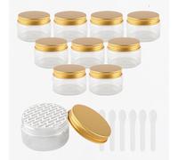 PQPAUTY 12 Pieces Empty 150g Transparent Plastic Cosmetic Jars with Gold Screw Lid Small Pot for Cosmetic Travel Homemade Cream Gel Lip Balm Salve Storage Containers+ 12x Spatula