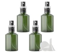 PQPAUTY 4 Pieces Empty 50ml Green PET Plastic Fine Mist Pump Spray Bottles with Lock on Clip Aluminium Sprayer for Cosmetic Perfume Water Travel Portable Containers Refillable, 1x Funnel