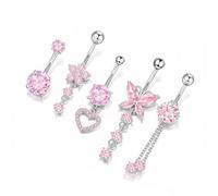 Pqrsde 5Pcs Belly Button Bars Stainless Steel Pink Crystal Set for Women Cute Belly Button Piercing Jewelry for Daily Wear (Pink)