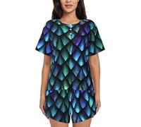 PQruop 3d Magical Dragon Scales Pattern Print Two-Piece Women'S Pajamas,Summer Short-Sleeved Round-Neck Pajamas,Casual Home Clothes Black