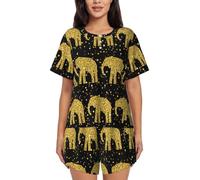PQruop Abstract Elephant Pattern Print Two-Piece Women'S Pajamas,Summer Short-Sleeved Round-Neck Pajamas,Casual Home Clothes Black