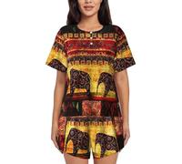 PQruop African Elephant Patchwork Print Two-Piece Women'S Pajamas,Summer Short-Sleeved Round-Neck Pajamas,Casual Home Clothes Black