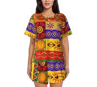 PQruop African National Patterns Print Two-Piece Women'S Pajamas,Summer Short-Sleeved Round-Neck Pajamas,Casual Home Clothes Black