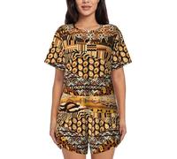 PQruop African Style Patchwork Print Two-Piece Women'S Pajamas,Summer Short-Sleeved Round-Neck Pajamas,Casual Home Clothes Black