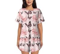 PQruop Butterfly Pink Print Two-Piece Women'S Pajamas,Summer Short-Sleeved Round-Neck Pajamas,Casual Home Clothes