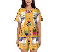 PQruop Cartoon Alpaca Cute Animal Print Two-Piece Women'S Pajamas,Summer Short-Sleeved Round-Neck Pajamas,Casual Home Clothes Black