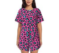PQruop Cute Turquoise Leopard Print Two-Piece Women'S Pajamas,Summer Short-Sleeved Round-Neck Pajamas,Casual Home Clothes