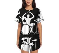 PQruop Drummer Print Two-Piece Women'S Pajamas,Summer Short-Sleeved Round-Neck Pajamas,Casual Home Clothes Black