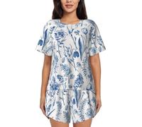 PQruop Flowers And Leaves Print Two-Piece Women'S Pajamas,Summer Short-Sleeved Round-Neck Pajamas,Casual Home Clothes Black