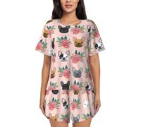 PQruop French Bulldog And Flowers Print Two-Piece Women'S Pajamas,Summer Short-Sleeved Round-Neck Pajamas,Casual Home Clothes Black