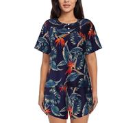 PQruop Hawaii Tropical Flower Print Two-Piece Women'S Pajamas,Summer Short-Sleeved Round-Neck Pajamas,Casual Home Clothes Black