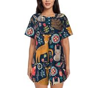 PQruop Owl Rabbit Bird Fox Print Two-Piece Women'S Pajamas,Summer Short-Sleeved Round-Neck Pajamas,Casual Home Clothes Black