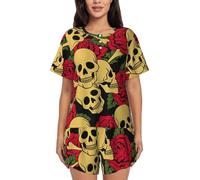 PQruop Rose And Skull Print Two-Piece Women'S Pajamas,Summer Short-Sleeved Round-Neck Pajamas,Casual Home Clothes