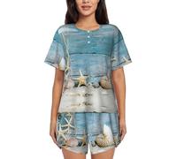 PQruop Shell Starfish Pattern Print Two-Piece Women'S Pajamas,Summer Short-Sleeved Round-Neck Pajamas,Casual Home Clothes Black