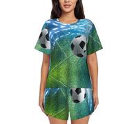 PQruop Soccer Sports Ball Print Two-Piece Women'S Pajamas,Summer Short-Sleeved Round-Neck Pajamas,Casual Home Clothes Black