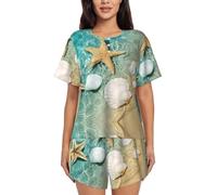PQruop Starfish And Seashell Pattern Print Two-Piece Women'S Pajamas,Summer Short-Sleeved Round-Neck Pajamas,Casual Home Clothes Black