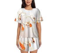 PQruop Traditional Koi Carps With Spots Print Two-Piece Women'S Pajamas,Summer Short-Sleeved Round-Neck Pajamas,Casual Home Clothes Black