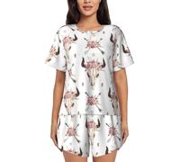 PQruop Tribal Bull Skull On White Print Two-Piece Women'S Pajamas,Summer Short-Sleeved Round-Neck Pajamas,Casual Home Clothes
