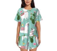 PQruop Tropical Llama Alpaca Cactus Flower Print Two-Piece Women'S Pajamas,Summer Short-Sleeved Round-Neck Pajamas,Casual Home Clothes Black