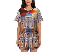 PQruop Vatican City Print Two-Piece Women'S Pajamas,Summer Short-Sleeved Round-Neck Pajamas,Casual Home Clothes Black