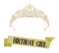 PQRUU Gold Birthday Sash and Tiara for Women Birthday Decorations Accessories Princess Queen Party Favors Sparkling Glitter Rhinestone Crown Headband and Sash Set for Girls Women 21st 30th 40th 50th