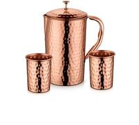 PR International Copper Jug Set of 1 1500ml with Glass Set of 2 300ml Reusable Hammered Design Water Pitcher with Lid