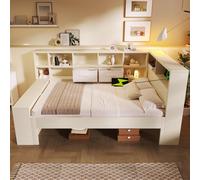 Practical Platform Bed with USB, Type-C Charging Ports and Bookcase, L-Shaped Bed with Triple-Side Storage, 234L x 116W x 90H cm, White Aosom UK