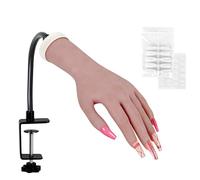 Practice Hand for Acrylic Nails - Premium Soft Silicone Dark Skin Tone with Adjustable Clamp Stand, Bendable Fingers, 40 Fake Nail Tips & 48 Jelly Glue Tabs, Ideal for Beginners & Pro Techs