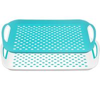 PRADICHI 2-Pack Non-Slip Serving Trays with Rubber Grip Surface and Easy-Grip Handles - Rectangular Plastic Food & Drink Tray - 40.5 x 28.5 cm (Green & White)