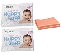 PRADICHI Baby Disposable Diaper Bags with Dispenser | Antibacterial Powder-Scented Nappy Sacks | Easy-Tie Travel Diaper Disposal Bags for Baby, Adult & Pet Waste (400 count (Pack of 2))