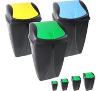 PRADICHI Set of 3 Plastic Flip Top Waste Bins - Removable Swing Lid Recycling Trash Cans for Kitchen, Home, Bathroom, & Office - Color Coded Lids (Green, Blue, Yellow) (Medium (40L))