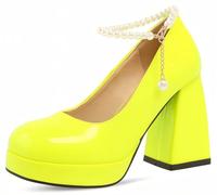 Pradize Yellow Mary Janes Lime Green Heels for Women, Block Heel Platform Pumps Shoes with Ankle Strap (Yellow Lime Green, EU-37=UK-4)