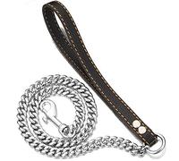 PRADOG Chain Dog Leash Metal Chew Proof 12MM Heavy Duty Pet Leash Chain with Leather Padded Handle for Large Medium Small Dogs(Totally Length of 4ft)