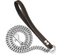 PRADOG Chain Dog Leash Metal Chew Proof 12MM Heavy Duty Pet Leash Chain with Leather Padded Handle for Large Medium Small Dogs(Totally Length of 5ft)