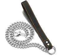PRADOG Chain Dog Leash Metal Chew Proof 15MM Heavy Duty Pet Leash Chain with Leather Padded Handle for Large Medium Small Dogs(Totally Length of 3ft)