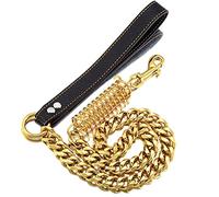 PRADOG Dog Chain Leash Dog Heavy Duty Strong Chew Proof 19mm 2ft 3ft 4ft 18K Gold Chrome Stainless Steel Cuban Link Chain Labor-Saving Spring with Leather Handle for Medium Large Dogs(3FT)