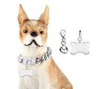 Pradog Silver Chain Dog Collar 19mm with Diamond Buckle Bell & Bone Tag Stainless Steel Chain Collars Cuban Link Dog Collar Designer Bling Puppy Necklace (19mm, 12")