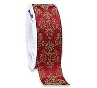 Präsent - Brixen Wired & Printed Ribbon Ruby Red-Taupe 40 mm Width, 20 m Length