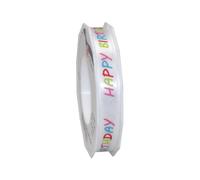 PRÄSENT - Happy Birthday Printed Satin Ribbon White 15 mm width, 20 m length