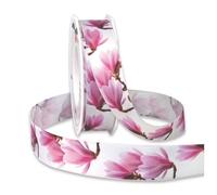 Präsent - Magnolien Printed Satin Ribbon White 20-m-Roll 25 mm width