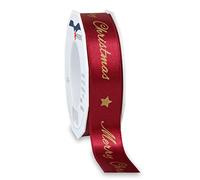 Präsent - Merry Christmas Printed Satin Ribbon Bordeaux 25 mm Width, 20 m Length