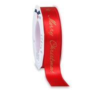 Präsent - Merry Christmas Printed Satin Ribbon Red 25 mm Width, 20 m Length
