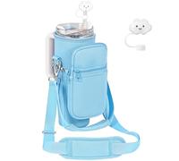 PRAGATISM Water Bottle Carrier Bag with Pouch for Stanley 30 oz Tumbler with Handle, Neoprene Water Bottle Holder Pocket with Adjustable 4.9FT Strap, Bottle Pouch for Stanley Cup Accessories (Blue)