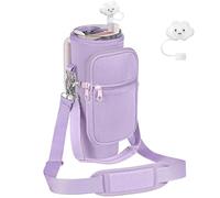 PRAGATISM Water Bottle Carrier Bag with Pouch for Stanley 30 oz Tumbler with Handle, Neoprene Water Bottle Holder Pocket with Adjustable 4.9FT Strap, Bottle Pouch for Stanley Cup Accessories (Orchid)