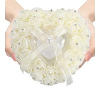 Pragmatic mumisuto Wedding Ring Box, Wedding Ring Pillow Bearer, Heart Shaped Ribbon Cushion Romantic, Ceremony Engagement Ring Box, Portable Rose Rhinestone Decor Ring Case for Wedding Supplies Gift