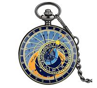 Prague Astronomical Clock Pocket Watch Quartz Analogue Clock 12 Constellation Clock Man Woman, Chain 30 cm Black, Retro