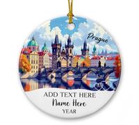 Prague Christmas Ceramic Ornament, Custom Text & Name Charles Bridge Prague Ornaments 2025, Czech Republic Scenery Ornament Gifts for Family Friend Coworker, Personalized Travel Trip Ceramic Keepsake